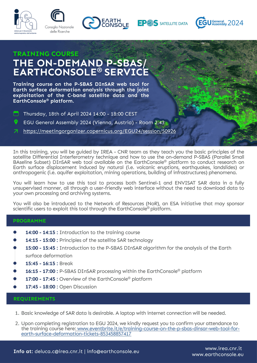 Progressive Systems (@progressive_eo) on Twitter photo Join #EGU24 for a training by <a href="/CnrIrea/">CNR-IREA</a> experts with our support, focusing on the on-demand P-SBAS DInSAR service on #EarthConsole platform for studying ground deformation due to phenomena like volcanic eruptions, #earthquakes or #landslides.
➡️meetingorganizer.copernicus.org/EGU24/session/… Join #EGU24 for a training by <a href="/CnrIrea/">CNR-IREA</a> experts with our support, focusing on the on-demand P-SBAS DInSAR service on #EarthConsole platform for studying ground deformation due to phenomena like volcanic eruptions, #earthquakes or #landslides.
➡️meetingorganizer.copernicus.org/EGU24/session/…