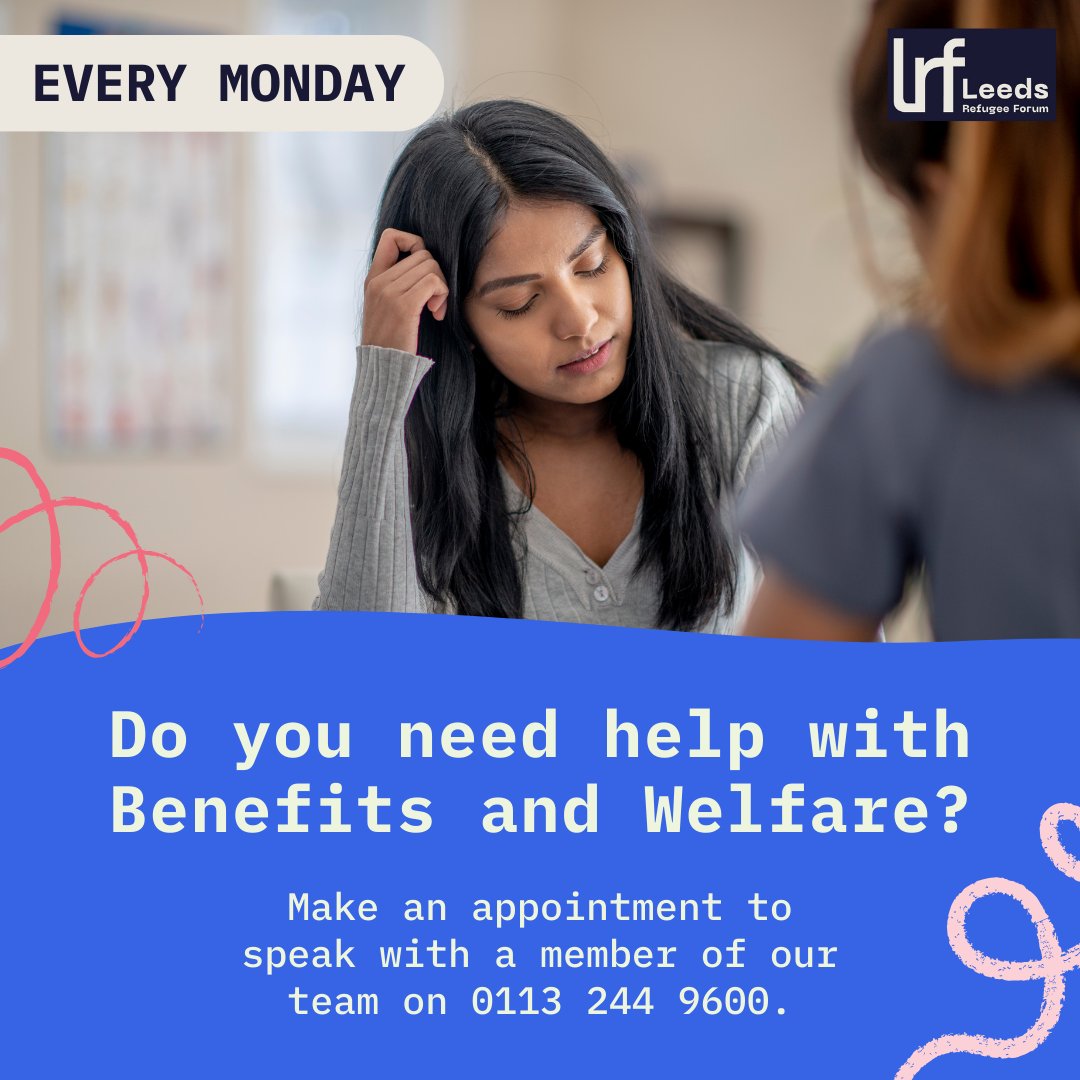 A reminder about out benefits and welfare support service! Our team are here to offer free advice every Monday. To book an appointment, call 0113 244 9600 ☎️