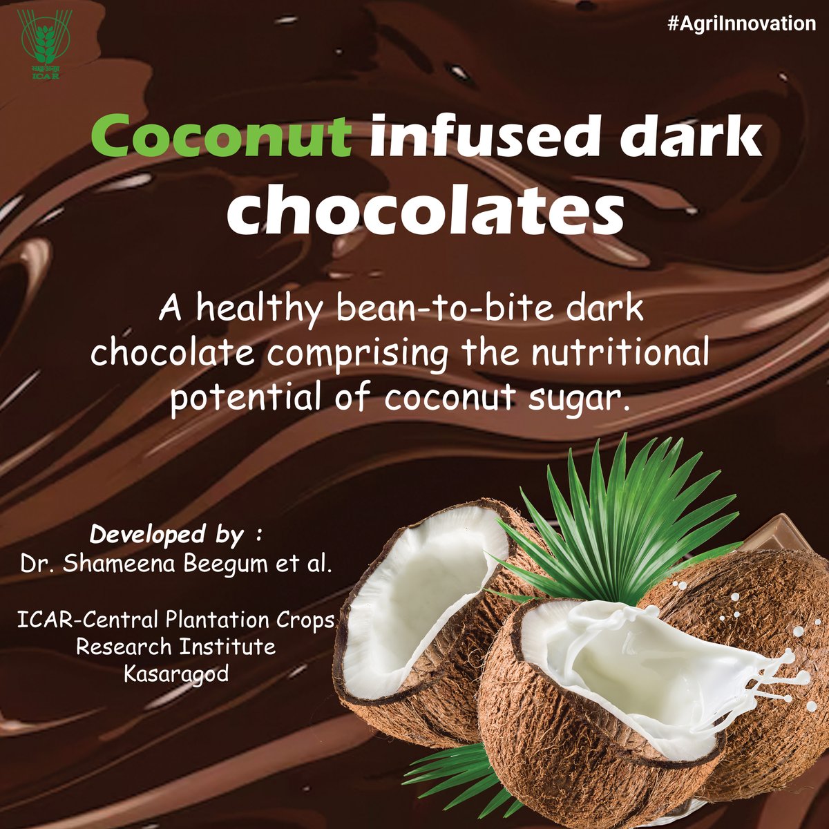 #Coconut infused dark #chocolates #ICAR  #Agriinnovation @PMOIndia @MundaArjun @KailashBaytu @CimGOI 
@ShobhaBJP @mygovindia @PIB_India @AgriGoI
@DDKisanChannel