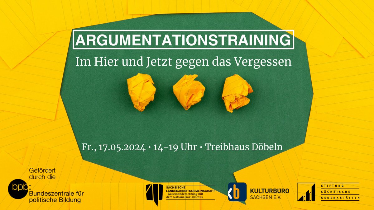 Zusammen mit <a href="/KBSachsen/">KulturbüroSachsen</a> und <a href="/gedenkstaetten/">GedenkstättenSachsen</a> veranstalten wir am 17.05. ein Argumentationstraining im <a href="/treibhausev/">Treibhaus e.V.</a>. Der praxisorientierte Workshop widmet sich dem Umgang mit rechten und verschwörungsgläubigen Äußerungen und Handlungen.

Weitere Infos unter: slag-aus-ns.de/termine/argume…
