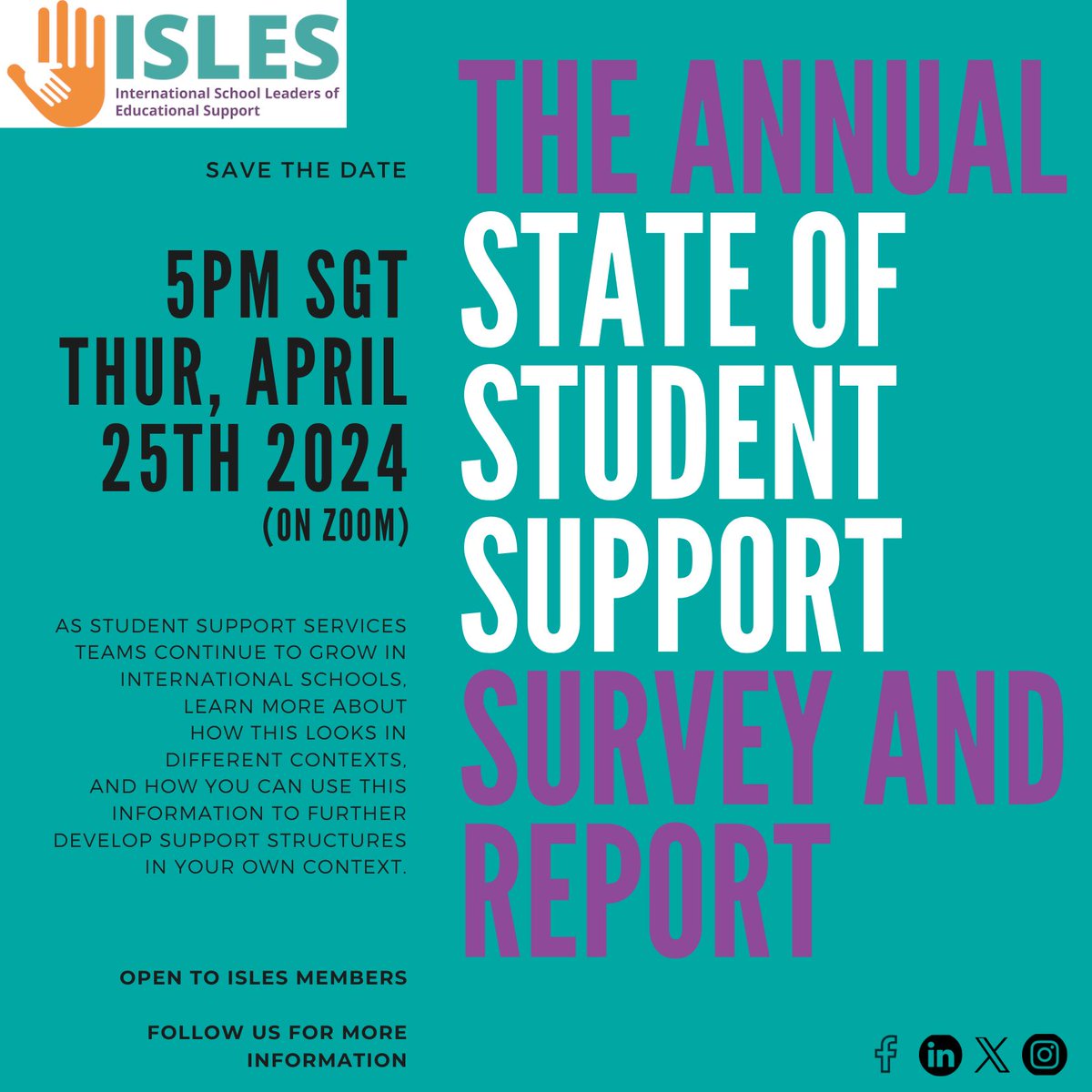 As #studentsupport evolves, it is important for us to have up-to-date info on how effective systems are run. Join our next ISLES #ProfessionalLearning as we update 2023-24 info + look at how we can use this data.

📝5pm SGT Thur 25th April 2024
📝 Sign up bit.ly/ISLESmember