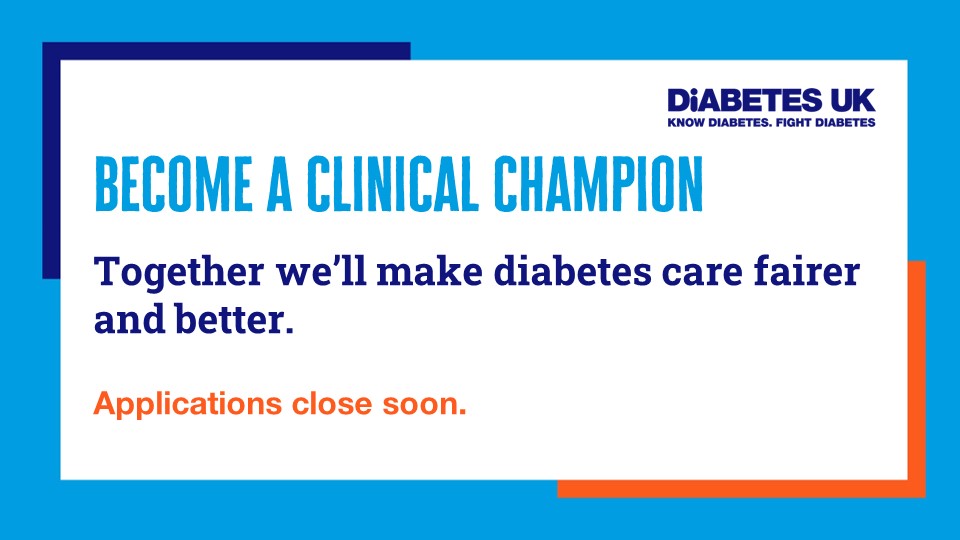 Just a few days left to apply for @DiabetesUK’s award winning #ClinicalChampions programme! Join our movement of healthcare professionals transforming diabetes care across the UK. Apply at orlo.uk/Clinical_Champ… #leadership #HealthcareProfessionals