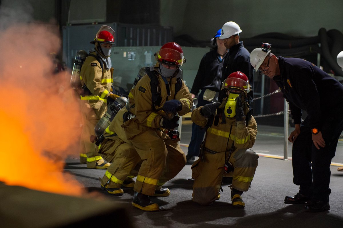 Sailors from the #nuclearfleet Nimitz-class aircraft carrier USS John C. Stennis (CVN 74) and Newport News Shipbuilding firefighters, conduct an integrated firefighting drill while the ship is completing its Refueling and Complex Overhaul. #maintenancematters #teamnavalreactors