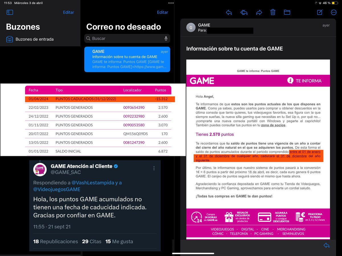 Hola <a href="/VideojuegosGAME/">GAME España</a> me pueden decir…
 Desde cuando caducan los puntos? Porque en 2021 no lo hacían?
Porqué me avisan ayer si el lunes ME LOS CADUCASTEIS SIN AVISAR?
Porqué si caduca de un año a otro me los caducáis en abril? Porque el mes pasado estaban activos 😡 
Gracias