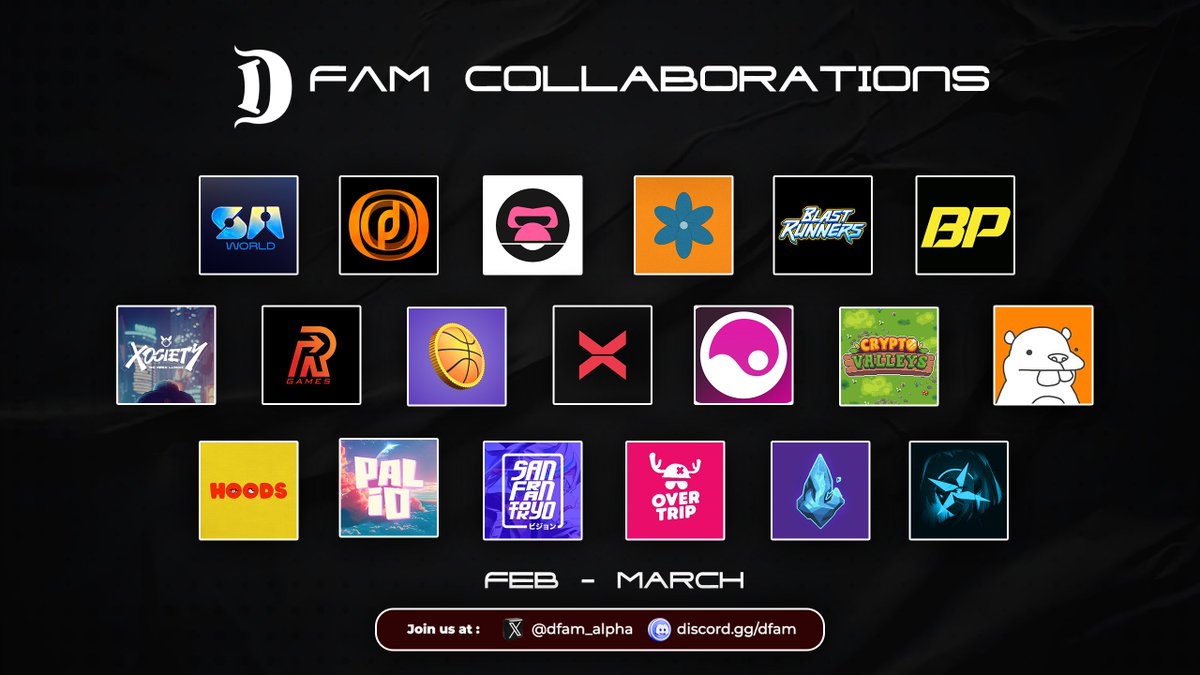 🎈 Normal day in DFAM 🎈

Delivered the best collab in the past 2 month for DFAM member 

DFAM February - March Collab Recap

<a href="/SAWorld_io/">Up Foundation 🪼 🕹️</a> 
@OpalBTC 
<a href="/KaKarbom/">KartParty</a> 
<a href="/floraforms/">Flora Forms</a> 
<a href="/BlastRunnersPVP/">Blast Runners / On Chain</a> 
<a href="/BlastPenguins/">Blast Penguins 🐧</a> 
<a href="/xocietyofficial/">XOCIETY</a>
<a href="/Revolving_Games/">Revolving Games</a> 
<a href="/bballverse_gg/">Basketballverse</a> 
<a href="/XBorgHQ/">XBorg</a>