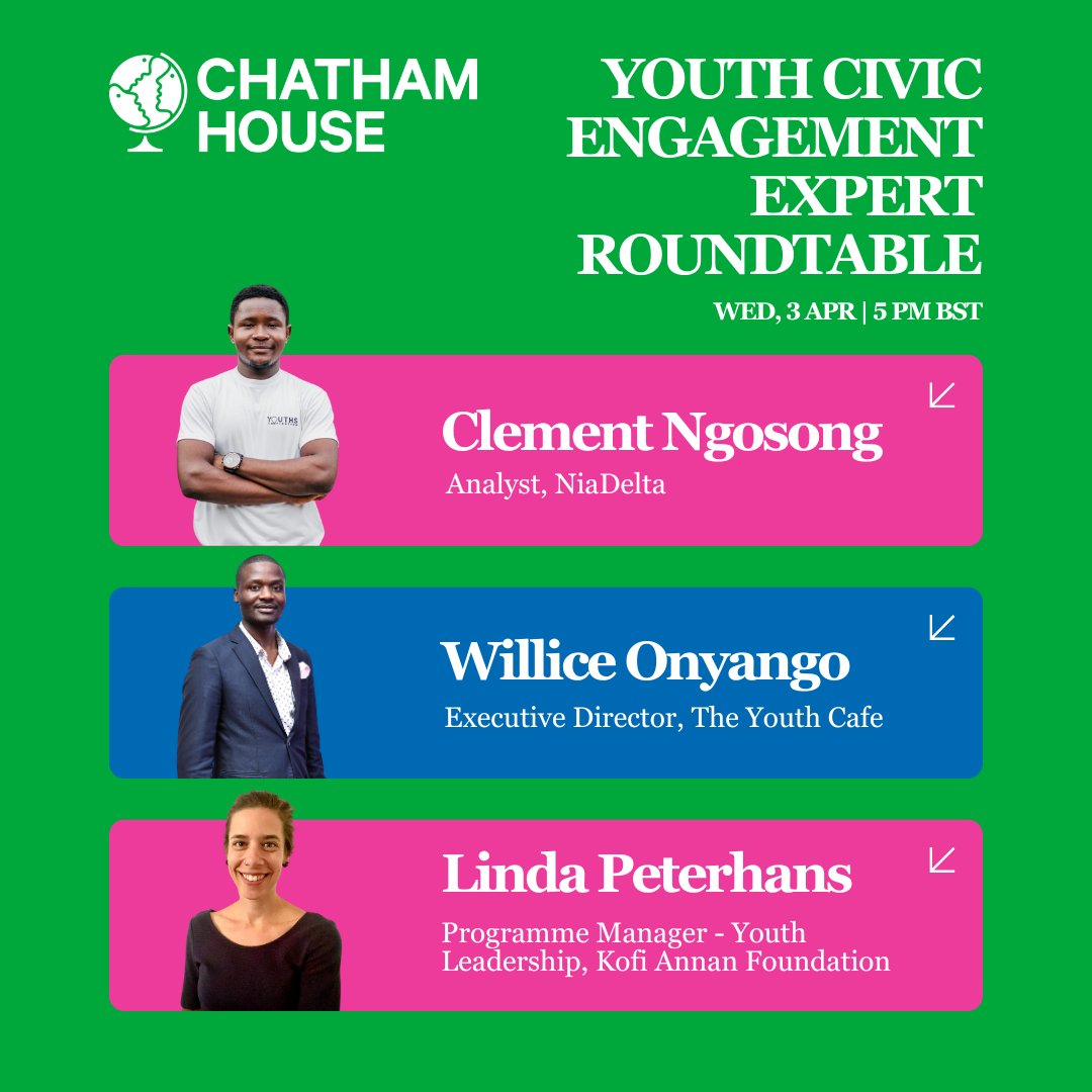 Our youth civic engagement expert webinar is happening TONIGHT at 5 pm BST! We'll hear from: ➡️@ngosong_clement, Analyst at NiaDelta ➡️Linda Peterhans, Programme Manager at @KofiAnnanFdn ➡️@owillice, Executive Director at @TheYouthCafe CFC members: register on the platform!