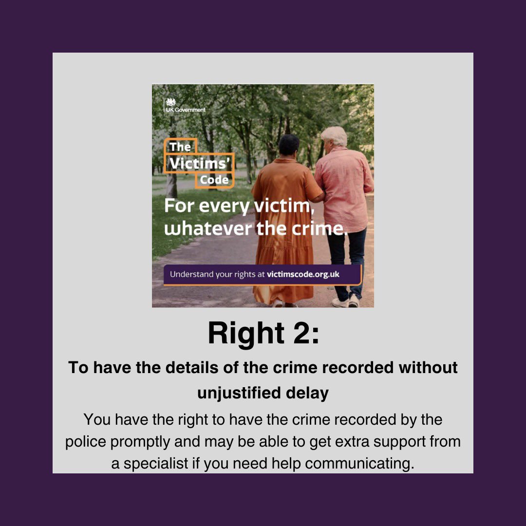 Victims have the right to have details of the crime recorded without delay. They also have the right to be interviewed without unjustified delay, and for the number of interviews to be kept to a minimum and conducted by the same person, where possible ⬇️ victimandwitnessinformation.org.uk/your-rights/as…