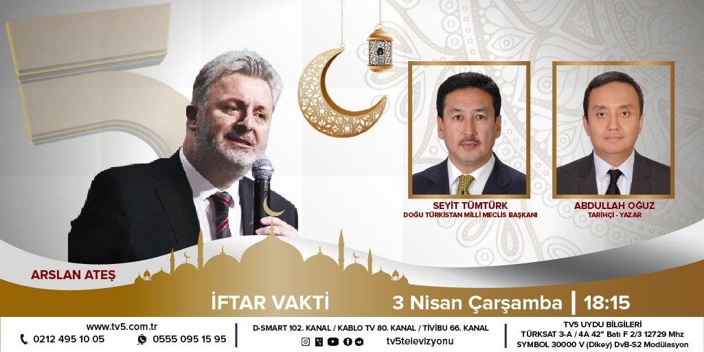 Doğu Türkistan'da Ramazan ayı nasıl geçiyor? @arslanates'in sunduğu #İftarVakti'nin konukları Doğu Türkistan Milli Meclis Başkanı @seyittumturk7 ve Tarihçi-Yazar Abdullah Oğuz olacak. #İftarVaki bugün 18:15'te TV5'te.