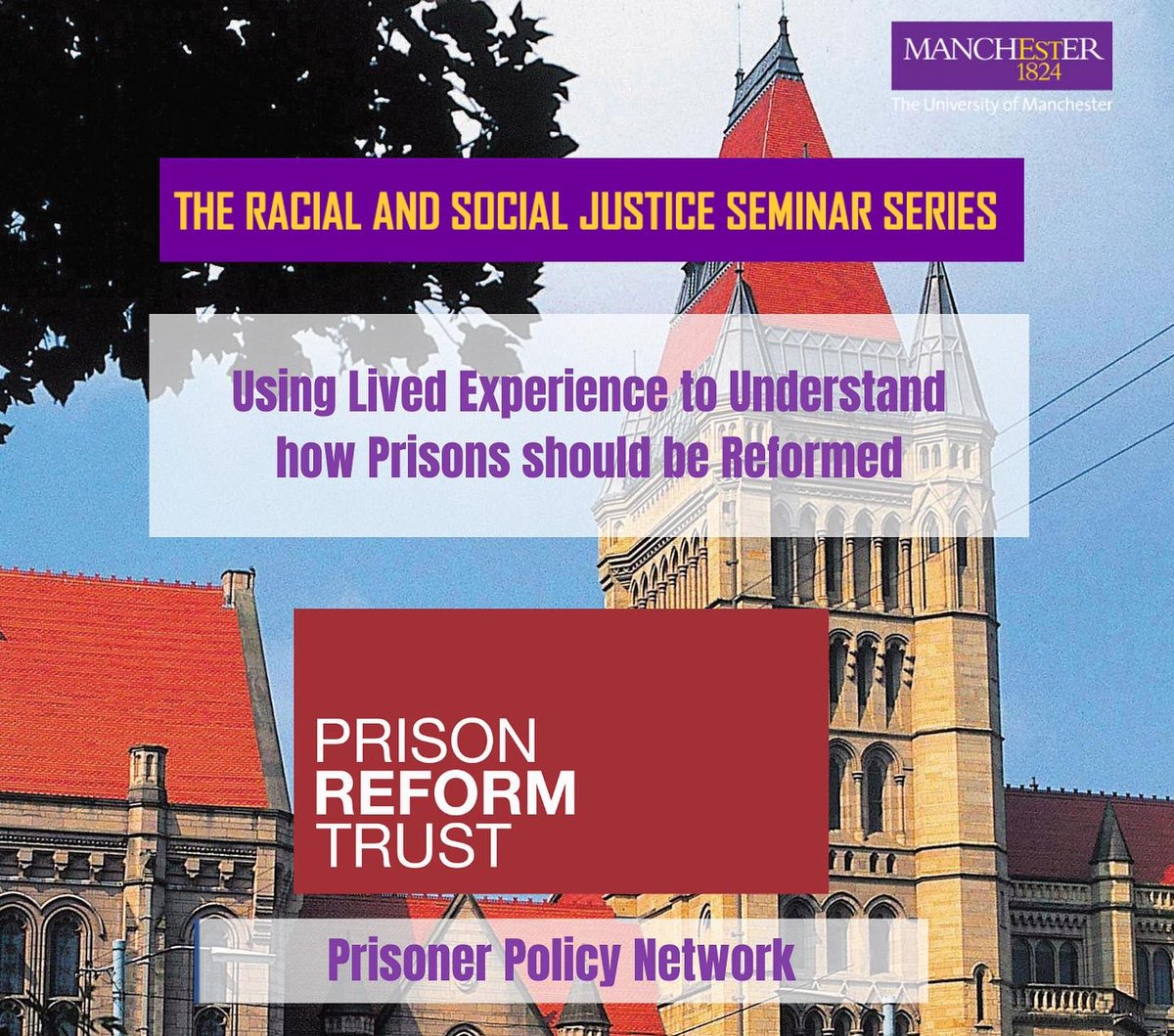 Join us for an fascinating panel discussion on ‘Using Lived Experiences to Understand how Prisons should be reformed’ 

🗓️10 April, 4-6pm. The event is free and open to the public

Register: eventbrite.co.uk/e/racial-and-s…

<a href="/CriminologyUoM/">CriminologyUoM</a> <a href="/PRTuk/">Prison Reform Trust</a> <a href="/BritSocCrim/">British Criminology</a>