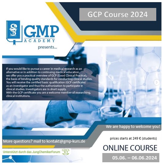 +++bezahlte Werbepartnerschaft+++ 📚 Join our Good Clinical Practice (GCP) course in English! 🌐 Jun 05/06, 2024, 2 p.m.- 8 pm Exam: Jun 07th, 2024, 4 p.m Starting from 249€ If you have any questions, please mail to kontakt@gmp-kurs.de register: gmp-kurs.de