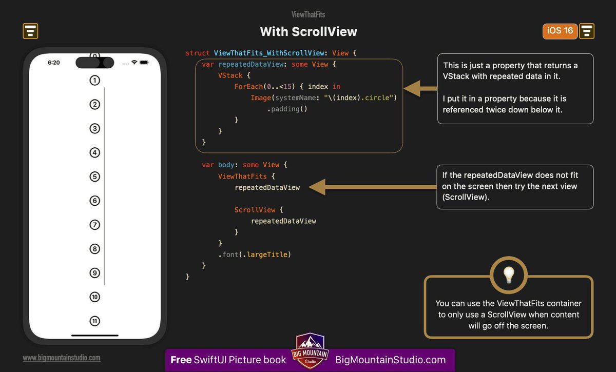 ❓Is there a way to only add ScrollView if the content goes off the screen in #SwiftUI? 💡You can use the ViewThatFits container view. If the first view does not fit, it will use the second view (ScrollView). 📕From SwiftUI Views Mastery picture book. 👉bigmtn.studio/freebook