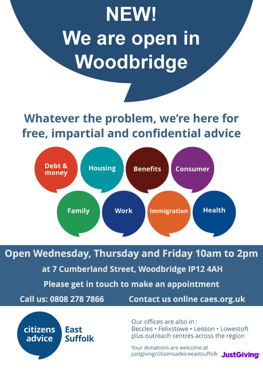 We are very excited to announce the opening of our new office in the centre of Woodbridge! 

Open 10am- 2pm on Wednesdays, Thursdays and Fridays. 

Get in touch for free, impartial and confidential advice!