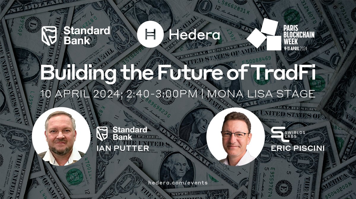 Upcoming session, #PBW2024:

📍Mona Lisa Stage | Wed, Apr 10 | 2:40PM CET

#Hedera Council member @sbgroup Head of #Blockchain COE @ian_putter joins @swirldslabs COO @episcini at @ParisBlockWeek for a fireside chat on building the future of TradFi.

🌐 parisblockchainweek.com