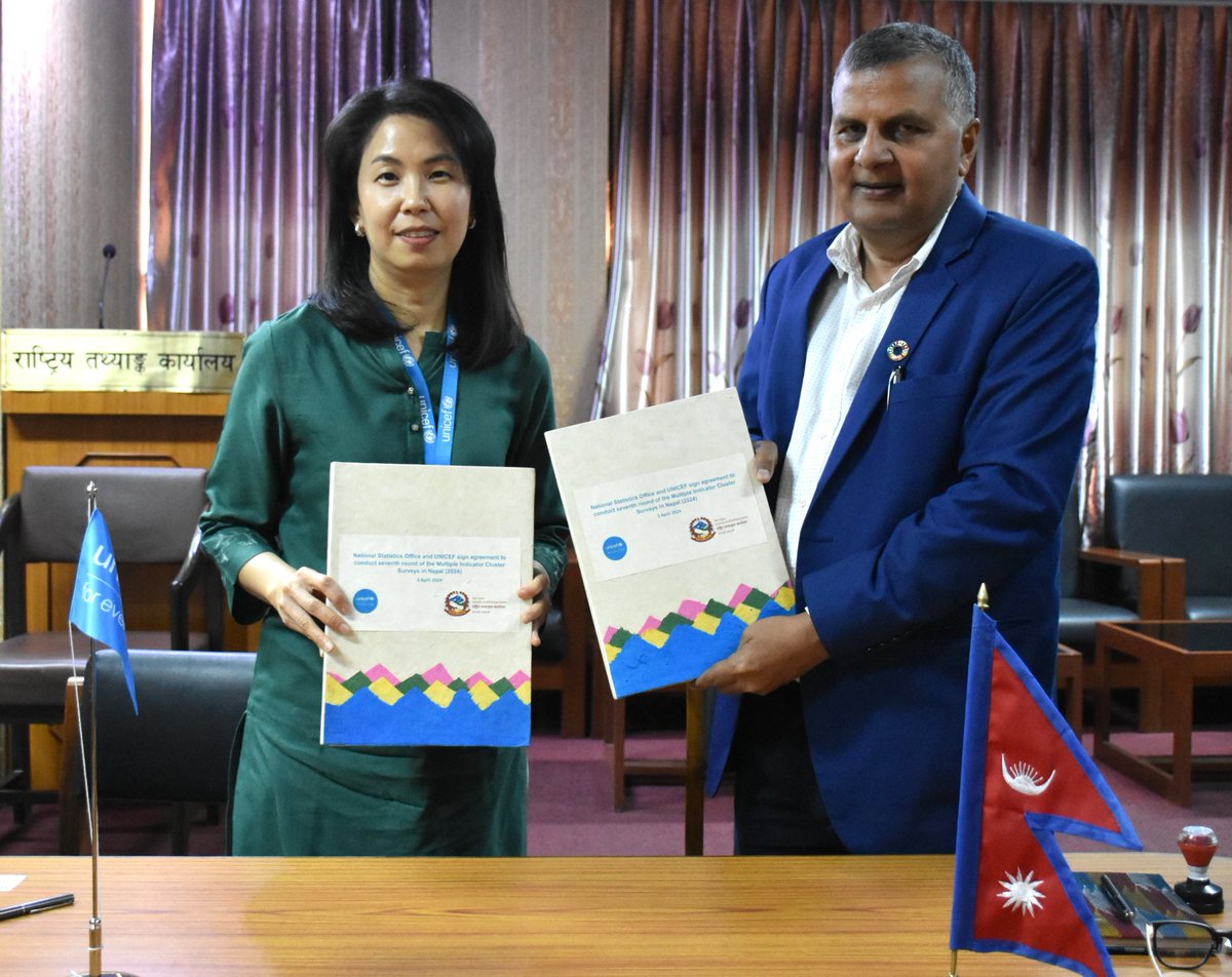 National Statistics Office and @unicef_nepal sign agreement to conduct the seventh round of Multiple Indicator Cluster Surveys in Nepal. The agreement marks the launch of survey📊assessing well-being of children and women in the country. @UNICEFData