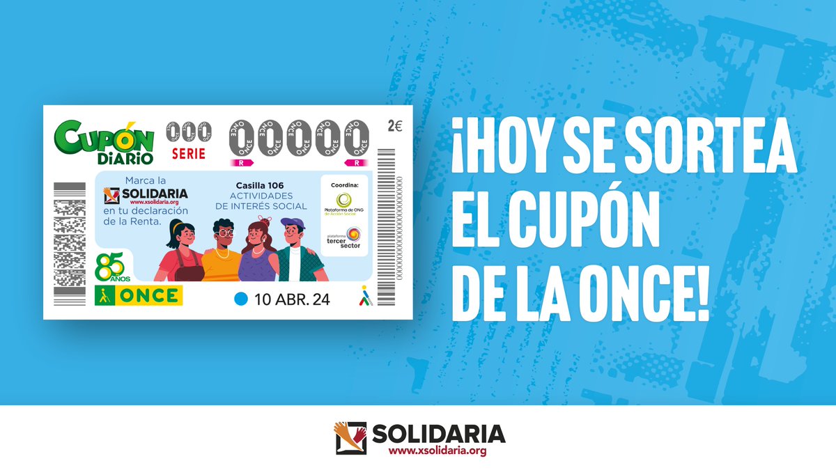 ¡Marca un cuponazo! Hoy se sortea el primer cupón de la @ONCE_oficial dedicado a la @XSolidaria 🙅♀️🙅🏽♂️ Si todavía no lo has comprado, ¡estás a tiempo! Comparte la ilusión de ayudar a quienes más lo necesitan marcando la #Casilla106 en tu renta y ficha por el #EquipoXSolidaria🧡