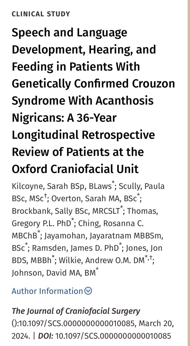 🚨New paper alert! 🚨 The latest publication from the @OxfordCranio speech and language therapy team investigated speech, language, hearing and feeding in patients with Crouzon Syndrome with Acanthosis Nigricans (CAN)….🧵1/9