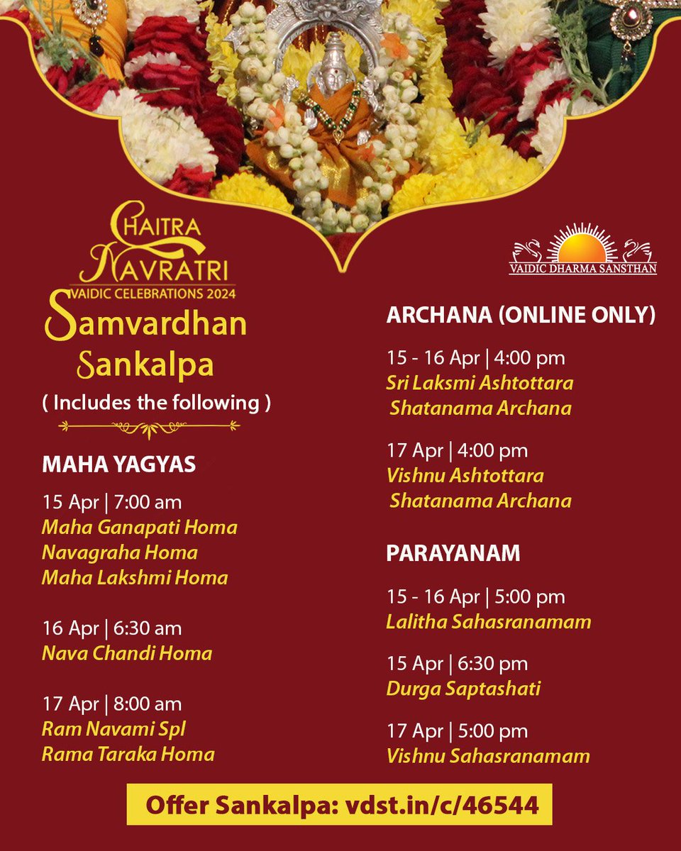 *Chaitra/Vasant Navratri 2024* Vaidic Celebrations at The Art of Living International Centre, Bangalore. 15th April to 17th April *Samvardhan Sankalpa* _*Samvardhan Sankalpa includes the following*_ Offer Online / Offline: vdst.in/c/46544