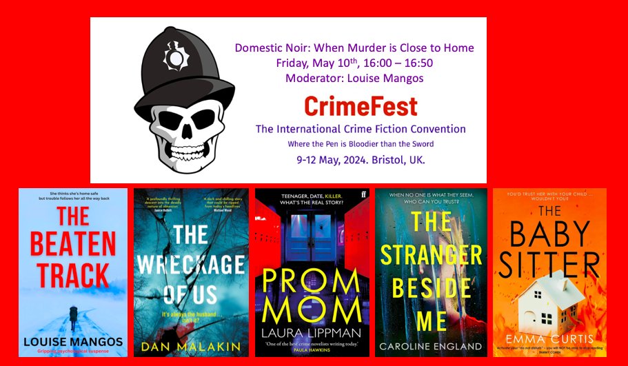 Coming to @CrimeFest? It's the UK's biggest #crime #writing #convention. I'll be moderating a panel discussing #DomesticNoir 'When Murder is Close to Home' with wonderful guests @LauraMLippman @CazEngland @DanMalakin and @emmacurtisbooks on Thurs 10th May. Hope to see you there!