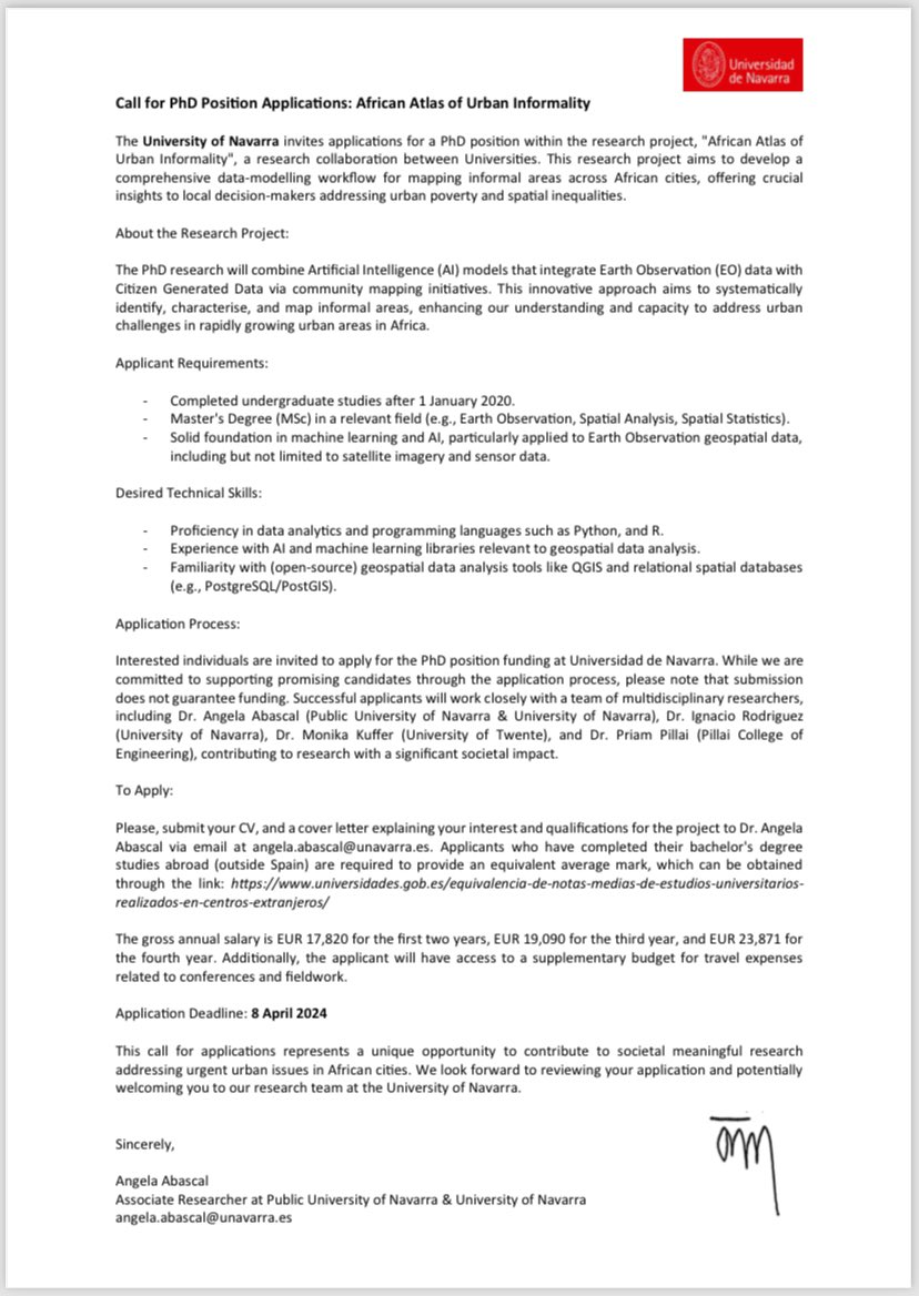 🚀 Call for PhD Position Applications: African Atlas of Urban Informality 🌍 To work in Spain, with me, @MonikaKuffer, @priampillai, @300000kms. ⏳ Deadline: 8/4/24 🌿 This role is at the heart of solving urban SDG challenges for the most vulnerable communities.