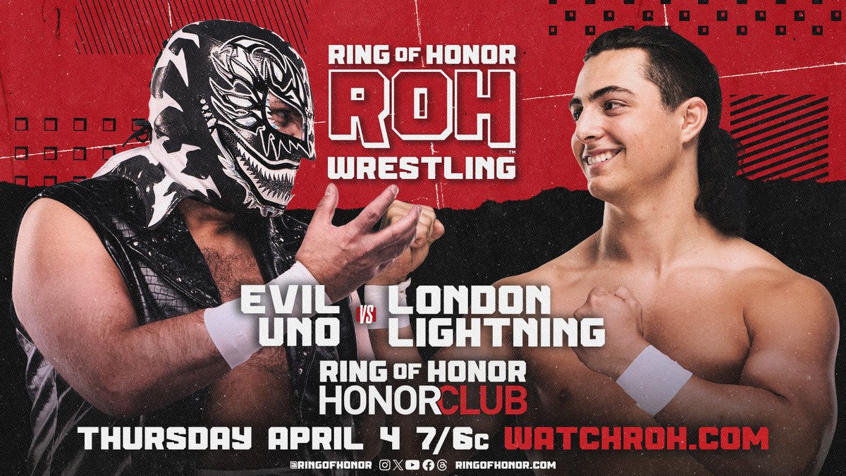 After securing a hard-fought win last week, @EvilUno competes in singles action once again as he takes on London Lightning (@lndnlightningpw) TOMORROW NIGHT! Watch Thursday Night #ROH TV on #HonorClub at WatchROH.com 7/6c