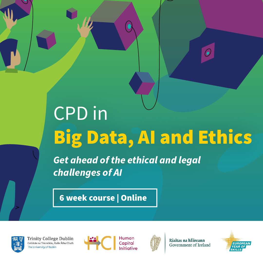 🚀Don't miss out on our exciting Big Data, AI, & Ethics CPD course starting April 22! Dive into cutting-edge topics & ethical considerations in AI. Apply now for an enriching learning experience! tcd.ie/courses/hci-cp… #AI #BigData #EthicsCPD