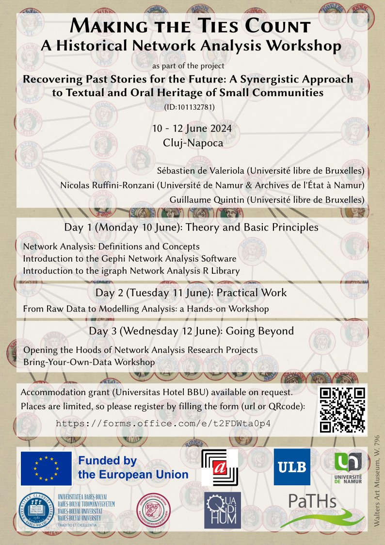 From June 10 to 12, 2024, Nicolas Ruffini-Ronzani, Guillaume Quintin and I will be running the 'Making the Ties Count' workshop, dedicated to the analysis of historical networks, in the magnificent Transylvanian city of Cluj-Napoca!