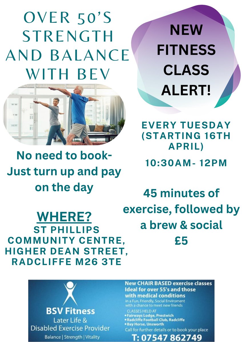 New class in Radcliffe at St Phillips Community centre starting in 2 weeks … with the very fabulous BSV Fitness