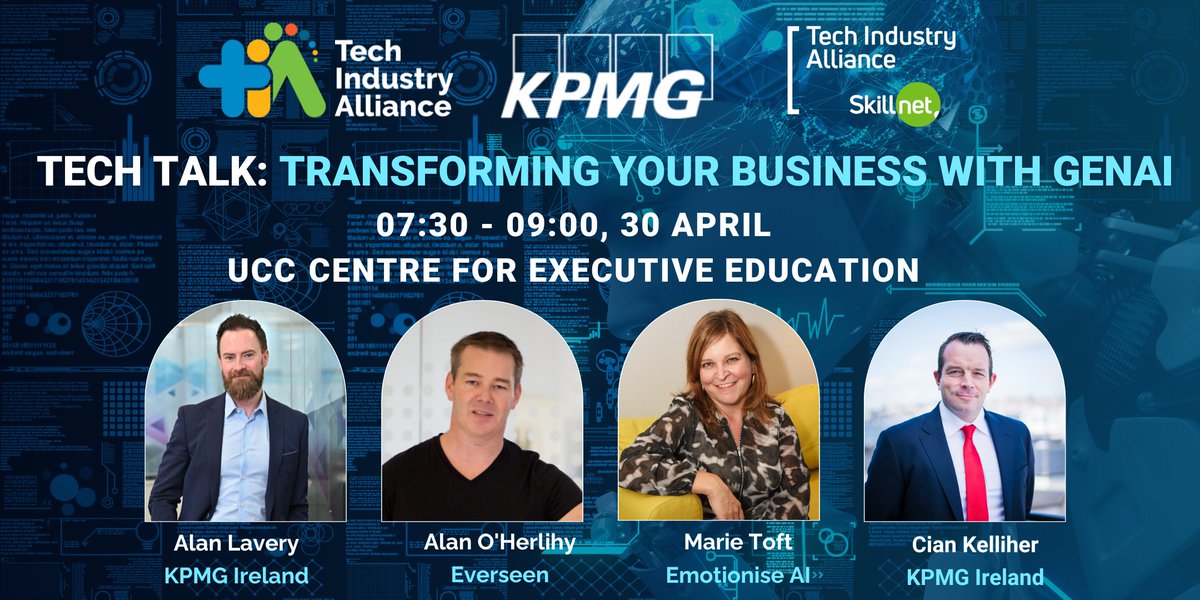 Tech Industry Alliance and KPMG Ireland are pleased to bring you the next event in the Tech Talk Series: Transforming your business with GenAI 🚀 Join us at the UCC Centre for Executive Education on 30 April. Register now: techindustryalliance.ie/event/register…