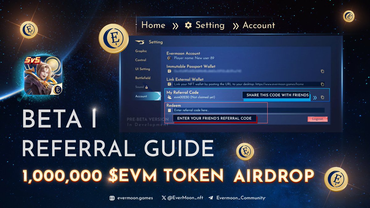 EverMoon_nft's tweet photo. Evermoon Beta I: UNLOCK THE POWER OF “REFERRALS”!💪

Be one of the first 100k players for exclusive bonuses! 

👀 Here's how:
1️⃣ Find your unique code (Home > Settings > Account)
2️⃣ Share with friends & build your ultimate team ⚔️
3️⃣ Unlock more features & Get rewarded! 🚀
🔹The referral code is for 1 refer : 1 redeem
🔹When someone uses your code, you are eligible for the 1M $EVM airdrop pool.
🔹When you redeem your friend's code, you will unlock:
- The Bullock Moonlit OG Skin to play in the game
- Sacred Beast and New Hero "Alicia" in our upcoming update

Read More: https://t.co/9vNnw8N6oX
#Evermoon #Web3Gaming #Referral #Rewards