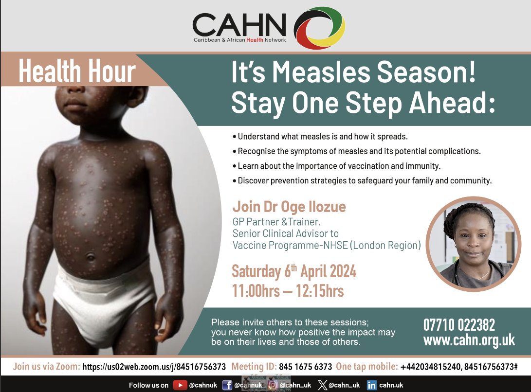 Measles cases are dangerously on the rise! #HealthHour is for you! Tune in this Sat at 11am for all you need to know about measles and the MMR vaccine, directly from our Black clinician, @droilozue! Secure your free spot now: portal.cahn.org.uk/healthhour