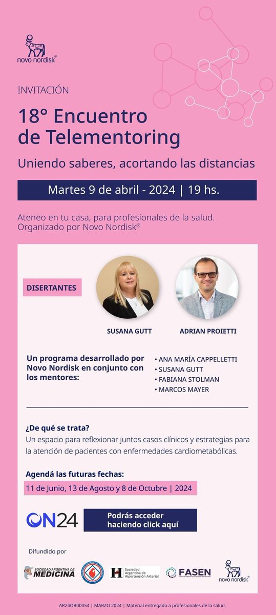 EndoFASEN's tweet photo. Los invitamos a inscribirse a Telementoring, acortando distancias, uniendo saberes. Organizado por Novo Nordisk.

Este primer encuentro será llevado a cabo el martes 9 de Abril de 19 a 20hs por los Dres. Susana Gutt y Adrián Proietti. https://t.co/tOAnxtpBN0