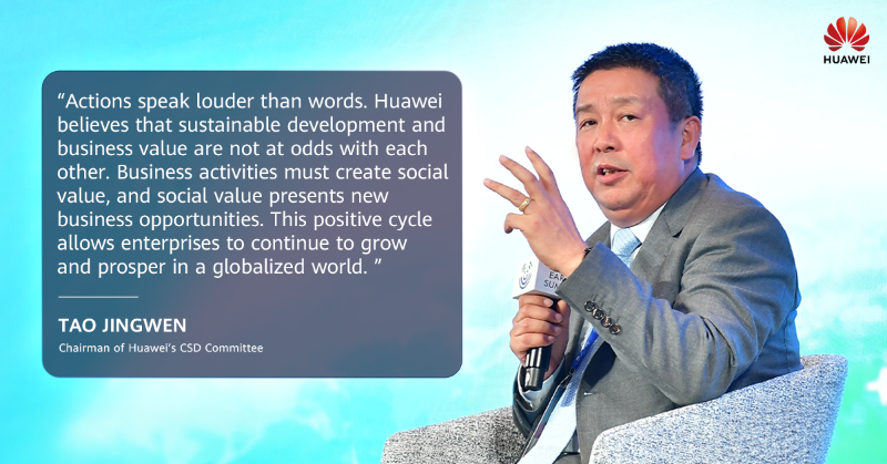 Huawei's tweet photo. "Huawei believes that sustainable development and business value are not at odds with each other,” said Tao Jingwen, #Huawei's CSD Committee Chairman, at the #OneEarthSummit. Learn more: https://t.co/GrKPsaq2q3 #InstituteOfSustainabilityAndTechnology #InnovateForImpact #GoGreen