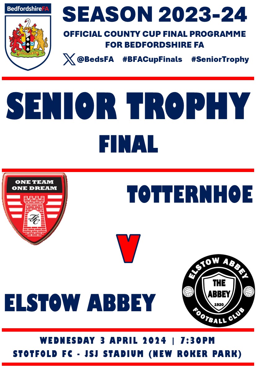 SENIOR TROPHY FINAL!
 
Tonight @stotfoldfc play host to the Senior Trophy Final between @Tottsfc & @ElstowAbbeyFC.
7:30pm Kick Off. £5 Adults, £2 Concessions & £1 U16s.
#BFACupFinals #SeniorTrophy