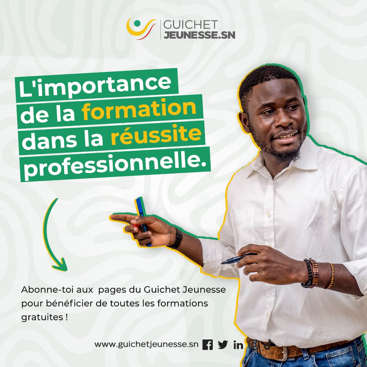 Guichetjeunesse's tweet image. Pour affronter la vie professionnelle ou entrepreneuriale, il est important de se former.
Au Guichet Jeuness Sénégal, nous  organisons régulièrement des formations GRATUITES en vue d&apos;accompagner les jeunes 🙂. 

Abonne-toi pour ne rien rater ! 

#Jang #Ligeey #GJS