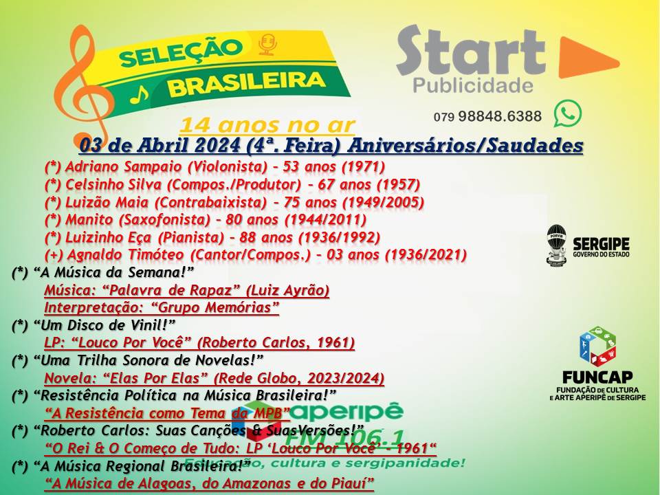Marioflu1952's tweet image. PGM Seleção Brasileira
Dia: 03 de Abril/4ª Feira
Às Nove da Manhã
Com Mário Sérgio
Instagram: @felixmariosergio
O Programa está maravilhoso...
"AperipêFM... 106.1 - A Rádio Que Toca Sergipe!"
aperipe.com.br/ao-vivo/fm
Pelo Aplicativo #RadiosNet
Pelo site radios.com.br/play/9583