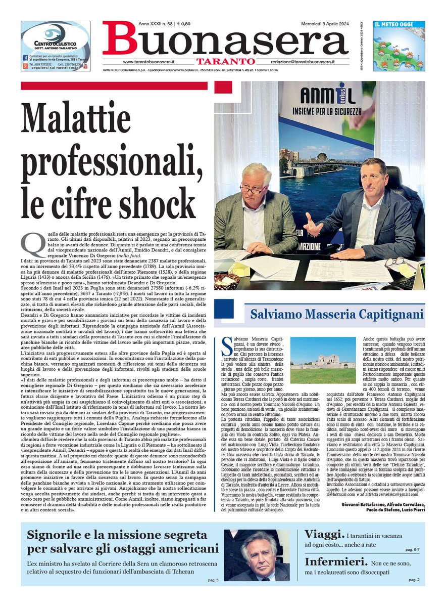 🔹️Malattie professionali,  le cifre choc <a href="/ANMIL_nazionale/">ANMIL Nazionale</a>
🔹️ #Signorile in missione per salvare gli ostaggi americani <a href="/Corriere/">Corriere della Sera</a>
🔹️Carenza infermieri <a href="/opi_fipt/">Ordine Infermieri Firenze Pistoia</a>
🔸️Gli Stati Uniti d'Europa 
Il sogno di Turati <a href="/biagiomarzo/">Biagio Marzo</a> 
#BuonaseraSud
Seguici➡️ Tarantobuonasera.it