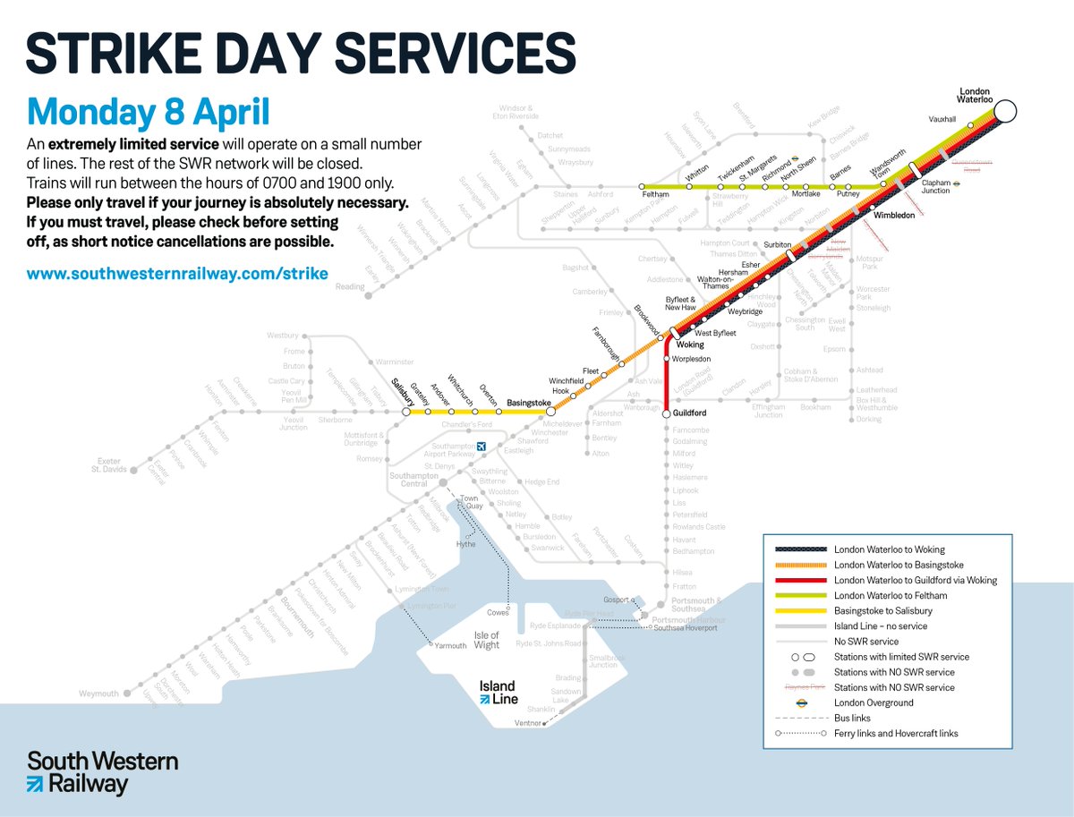 ⚠️ Industrial action will impact services from Thursday 4 to Tuesday 9 April. Please only travel if absolutely necessary on Monday 8 April, when ASLEF strike action means an extremely limited service will run on a small number of lines. For more info: southwesternrailway.com/strike