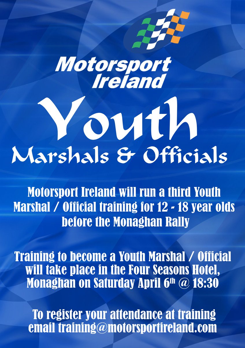 A reminder that Youth Marshal training will take place this Saturday in the Four Seasons Hotel, Monaghan @ 18:30