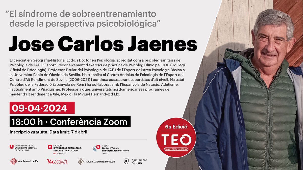 Talent Esportiu Osona (@tceeaf) on Twitter photo 🗓09/04 - Conferència TEO
<a href="/jcjaesan/">JOSE CARLOS JAENES SANCHEZ</a> ens parlarà sobre “La síndrome de sobreentrenament des de la perspectiva psicobiològica”.
💻Si l’horari no t’encaixa, amb la inscripció podràs visualitzar-la quan vulguis #somtalent
👉🏻 Enllaç inscripció: uvic-cat.zoom.us/webinar/regist… 🗓09/04 - Conferència TEO
<a href="/jcjaesan/">JOSE CARLOS JAENES SANCHEZ</a> ens parlarà sobre “La síndrome de sobreentrenament des de la perspectiva psicobiològica”.
💻Si l’horari no t’encaixa, amb la inscripció podràs visualitzar-la quan vulguis #somtalent
👉🏻 Enllaç inscripció: uvic-cat.zoom.us/webinar/regist…