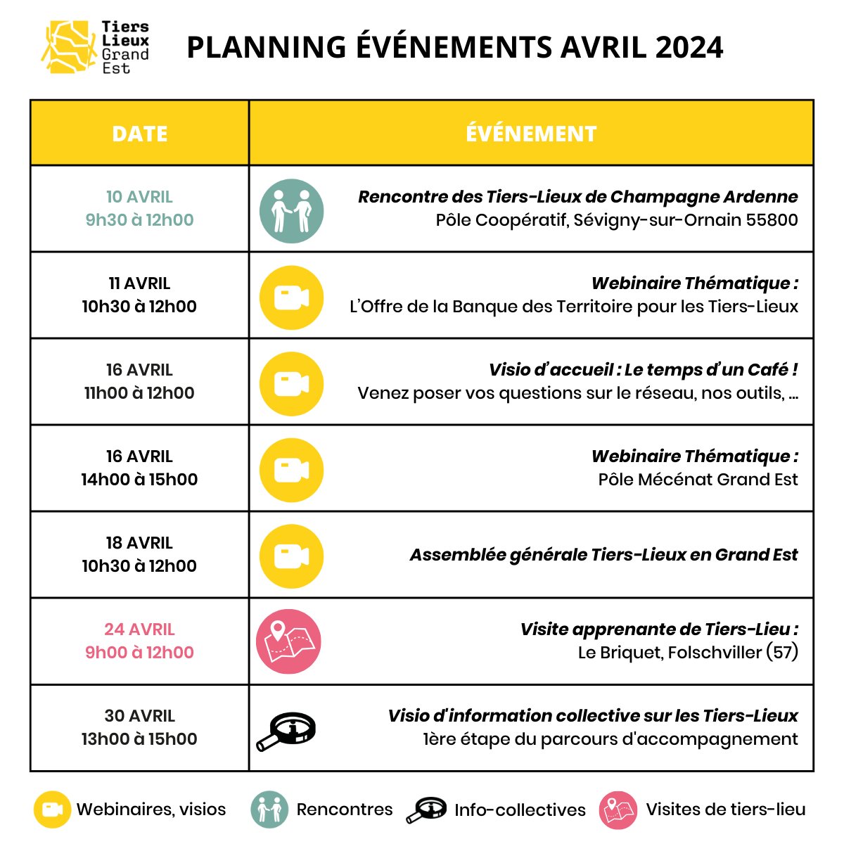 🤔​ Qu'est-ce qu'il vous attend au mois d'avril ?! Découvrez en un coup d'oeil les #événements de ce mois-ci : webinaires, visite de tiers-lieu, rencontre de tiers-lieux, info-coll Retrouver toutes les infos et lien d'inscription sur notre agenda : 👉 tierslieuxgrandest.org/agenda/