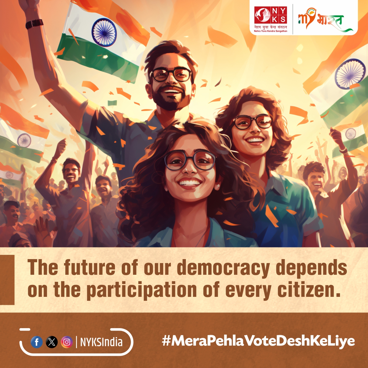 Your vote is your voice! 🗳️ Let's ensure the future of our democracy by actively participating in the electoral process. Every citizen's contribution counts. #MYBharatMYVote #Vote4Sure #MeraPehlaVoteDeshKeLiye #VoterAwareness #DemocracyMatters #NYKS