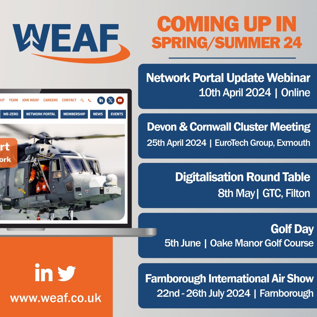 We've got lots of great events coming up over the next few months! Find our more on our website: weaf.co.uk/events/ #WEAF #events #networking #learning #webinars #clustermeetings #golfday #roundtable #farnboroughairshow #connect #b2b