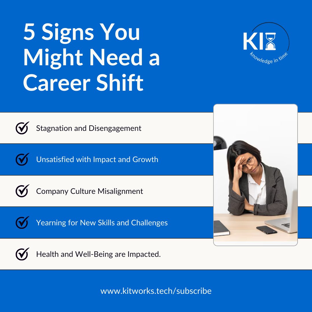 Feeling stuck? Here are 5 signs you might need a career change! Techshift helps you prepare for career transition, subscribe to our newsletter and discover more. kitworks.tech/subscribe