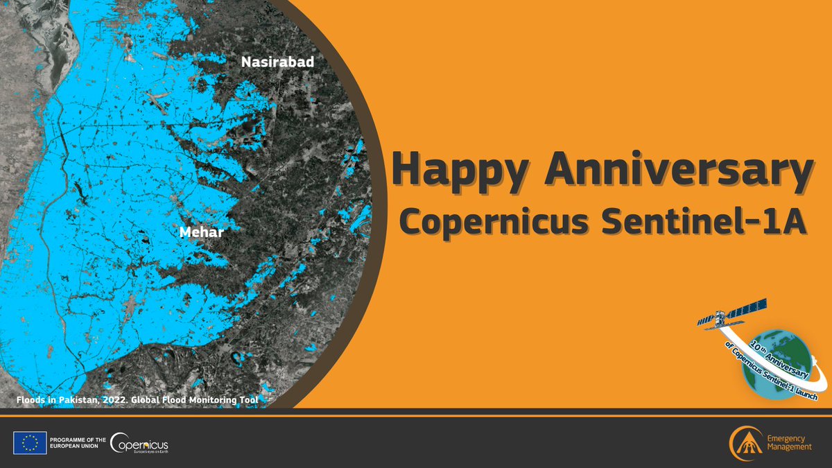 Happy 🔟th launch anniversary to #Sentinel1-A! 🇪🇺🛰️ Thanks to its #OpenData, we are able to consistently monitor #floods 🌊 around the world Our #GFM tool automatically processes its radar imagery to provide flood-related information & products