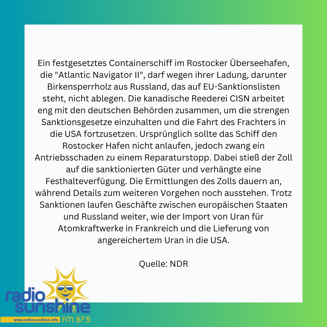 radiosunshineBE's tweet image. #RostockerHafen #Containerschiff #EU #Sanktionen #Festsetzung #Ladung #Marshallinseln #Holz #Russland #Ukraine #Zoll #Ermittlungen #Festhalteverfügung #Propellerschaden #Handel #Russland-Sanktionen #Wirtschaft