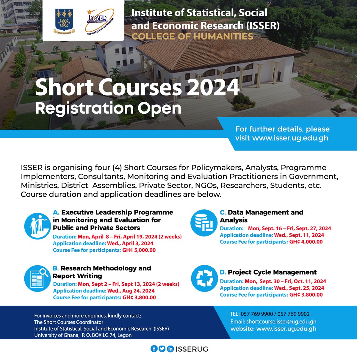 You spoke, we listened! 📣Thrilled to announce the fees for our short courses. Applications pouring in, so don't miss out. Register now for: 🔹 Executive Leadership Prog. in M&E 🔹 Research Methods & Report Writing 🔹 Data Mgt & Analysis 🔹 Project Cycle Mgt #ISSERShortCourses