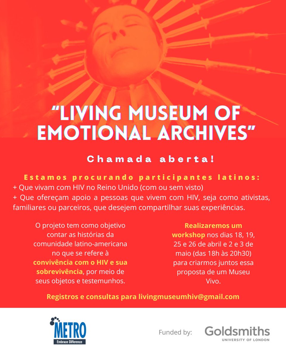 Goldsmiths Theatre and Performance (@goldsmithstap) on Twitter photo Open Call:
Awardee of the this year's Student Project Fund Spring Gold Award 'Living Museum of Emotional Archives' are looking for participants!
Get in touch with the team behind the archive to register your interest at: livingmuseumhiv@gmail.com Open Call:
Awardee of the this year's Student Project Fund Spring Gold Award 'Living Museum of Emotional Archives' are looking for participants!
Get in touch with the team behind the archive to register your interest at: livingmuseumhiv@gmail.com