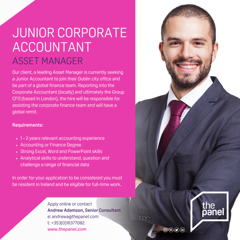 Junior Corporate Accountant (thepanel.com/job/48895/acco…) role is currently available with our client, a leading Asset Manager in Dublin city centre. For more information, contact Andrew Adamson at andrewa@thepanel.com #jobfairy #accountant #accounting #acca #aca #cima