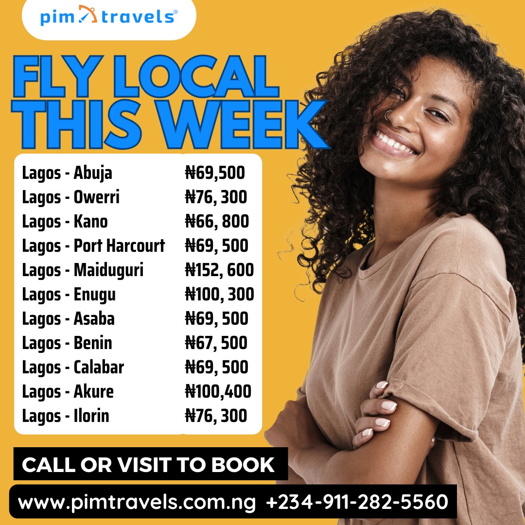 Find cheap flights in Nigeria with PIM Travels. We'll get you there for less, so you can make memories and visit loved ones! #pimtravels

#airtickets #AirTicketing #travel  #travelagency  #airlines #flightticket #cheapflights  #holiday #LagostoAbuja #LagostoKano #LagostoIlorin