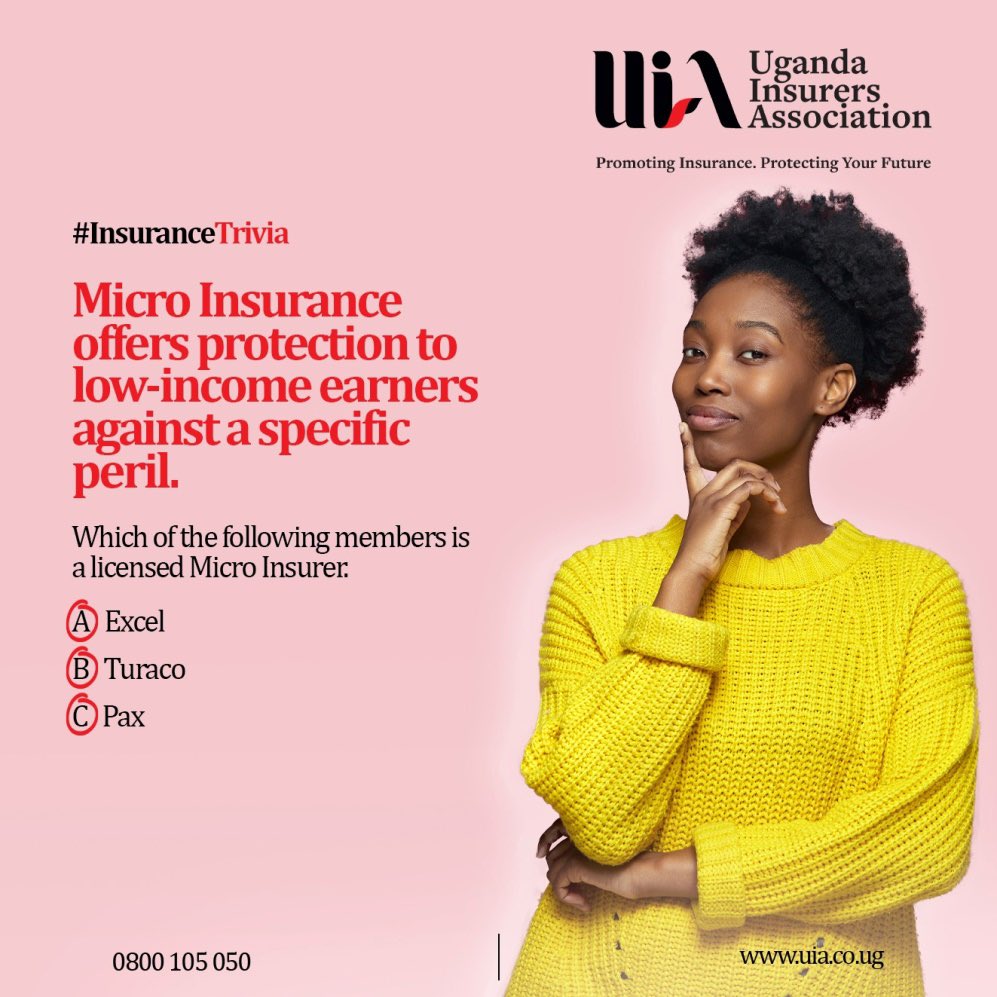 Microinsurance is on the rise in Uganda.
It is insurance that’s designed to protect low-income individuals against specific risks.
 
Let us know which of the options on the poster is actually a Micro Insurer.  
 
#Microinsurance #UIATrivia  
#Ugandans